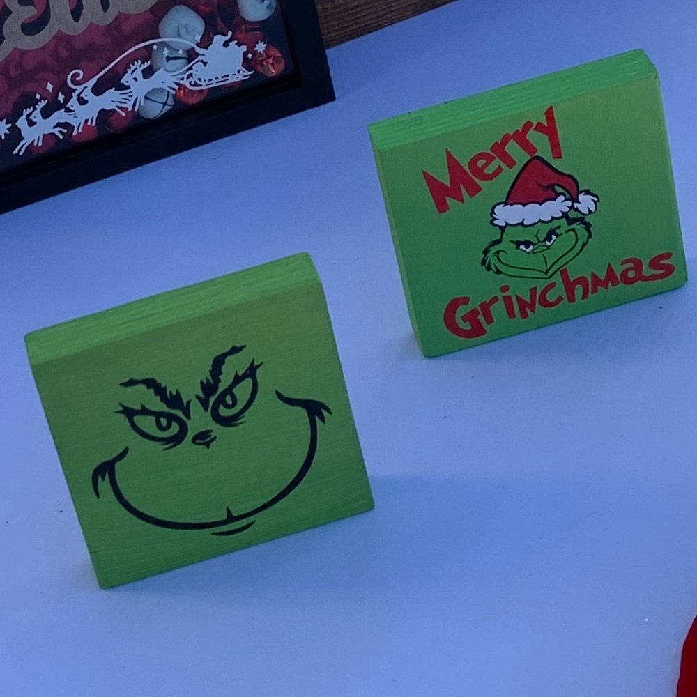 Grinch on painted wood blocks For tiered trays or decor around home Approx 4”x4”